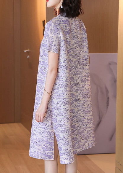 Purple Print Silk Mid Dress Stand Collar Draping Short Sleeve