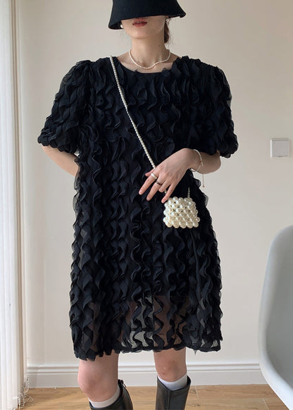 Art Black O-neck Ruffled Patchwork Tulle Mid Dresses Summer