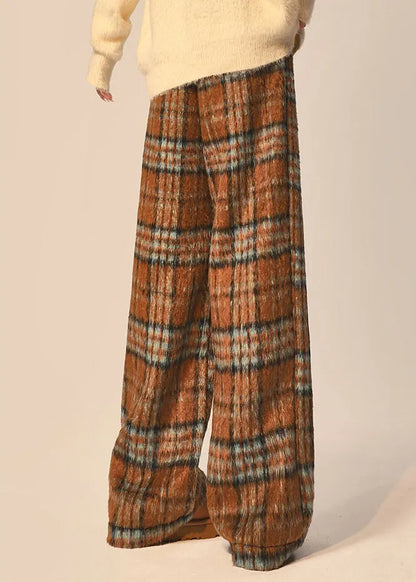 Coffee Plaid Pockets Elastic Waist Cotton Blend Wide Leg Pants Spring