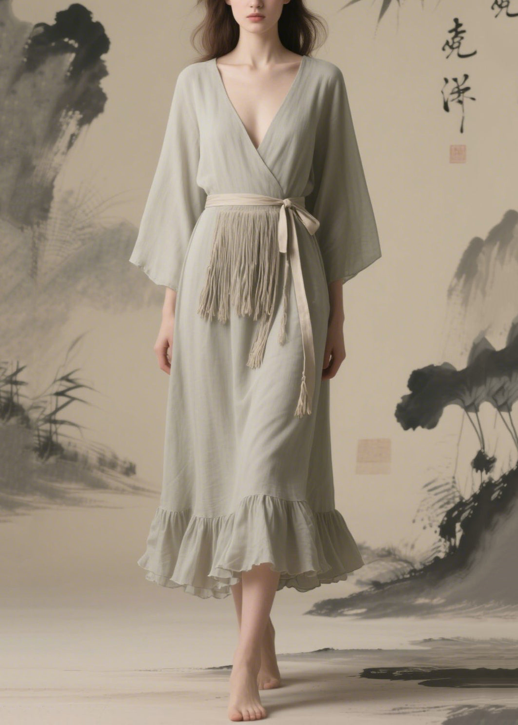 Grey Tasseled Chiffon Tunic Dresses Summer