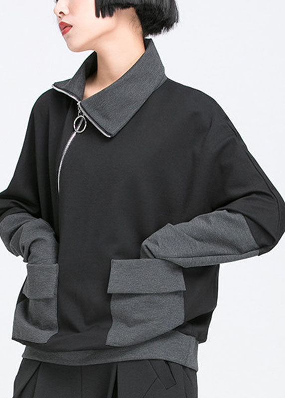 Organic Black Asymmetrical Design Zippered Pockets Patchwork Fall Top Long Sleeve
