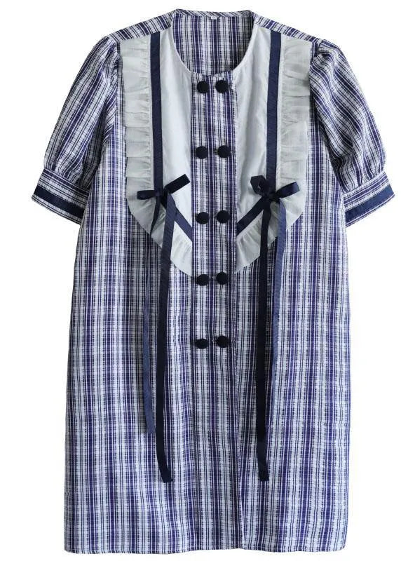 Classy Blue Plaid Ruffled O-neck Button Summer Dresses Half Sleeve