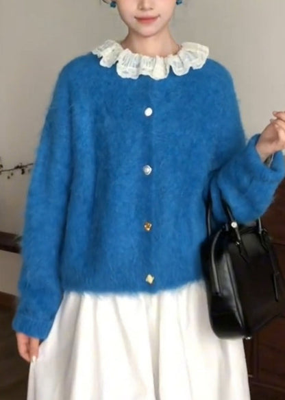 Style Blue O-neck Patchwork Button Ma Hai Mao Cotton Knit Cardigans Fall