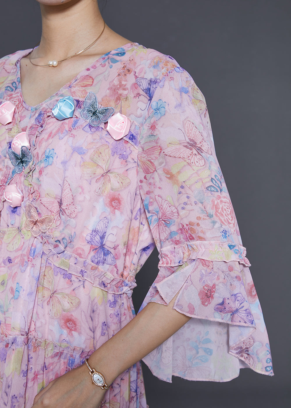 Modern Pink Print Butterfly Chiffon Dress Flare Sleeve