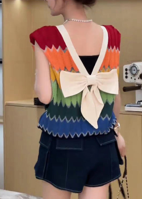 Rainbow Striped V Neck Bow Patchwork Knit Top Summer