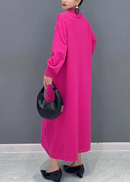 Pink V Neck Knit Long Dress Long Sleeve