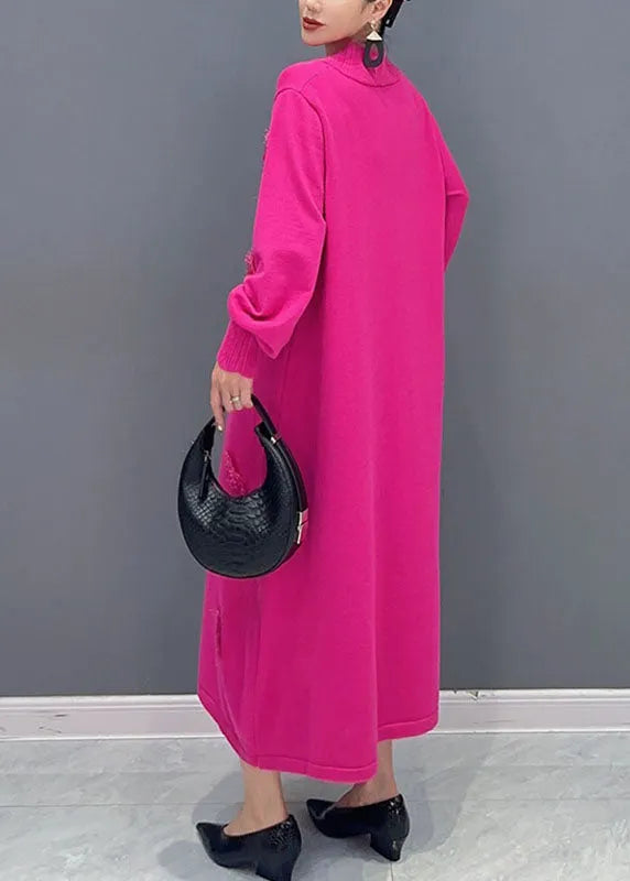 Pink V Neck Knit Long Dress Long Sleeve