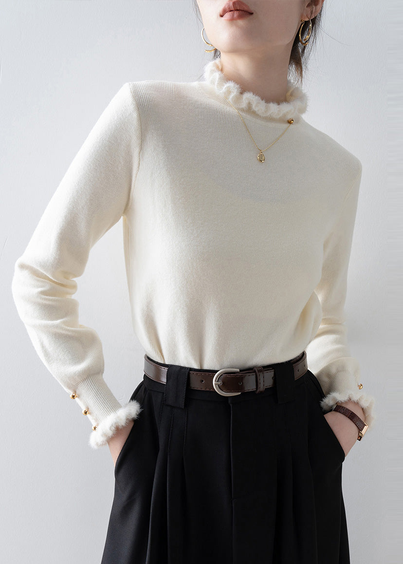 White Ruffled Patchwork Faux Fur Sweaters Winter