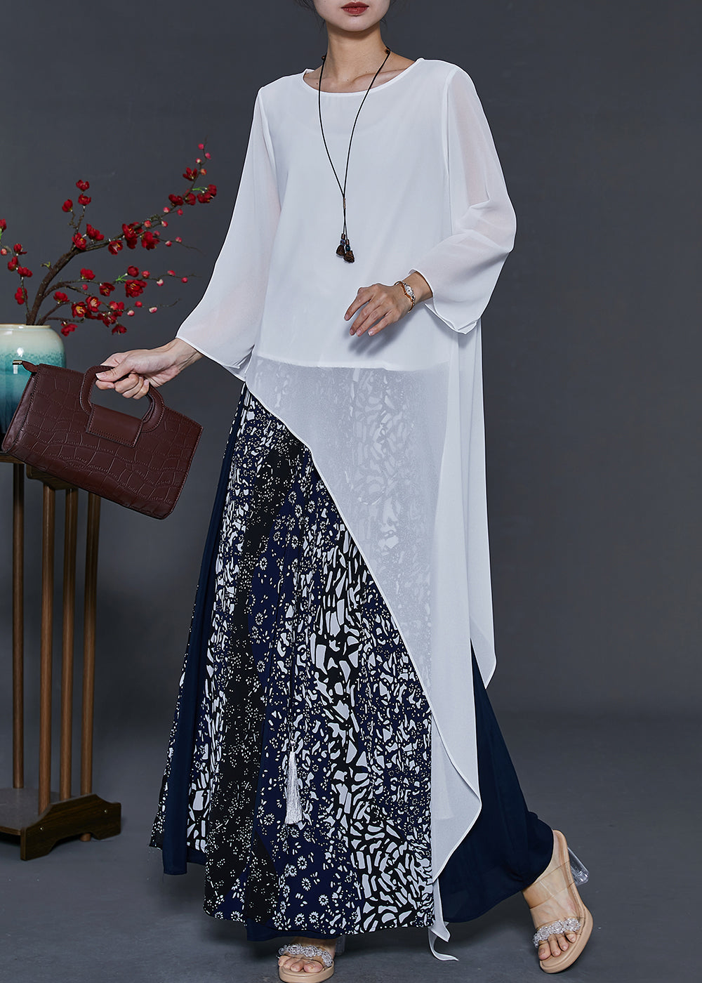 Style Asymmetrical Patchwork Chiffon Two Pieces Set Summer