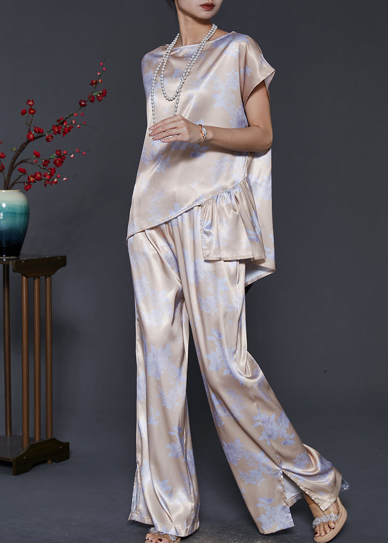 Apricot Asymmetrical Patchwork Print Draping Silk Two Pieces Set Summer
