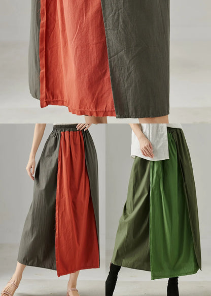 Green Patchwork Cotton a Line Skirt Elastic Waist Fall
