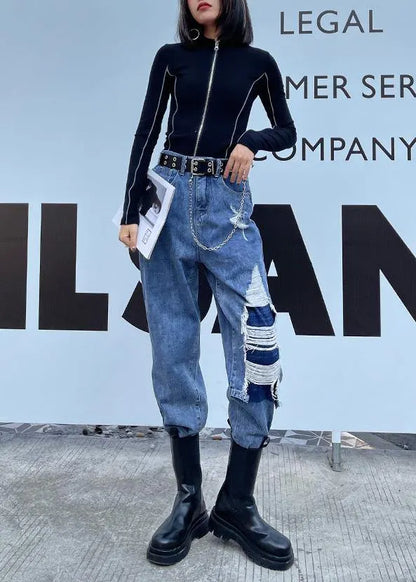 French Blue Cotton Hole Patchwork Jeans Pants