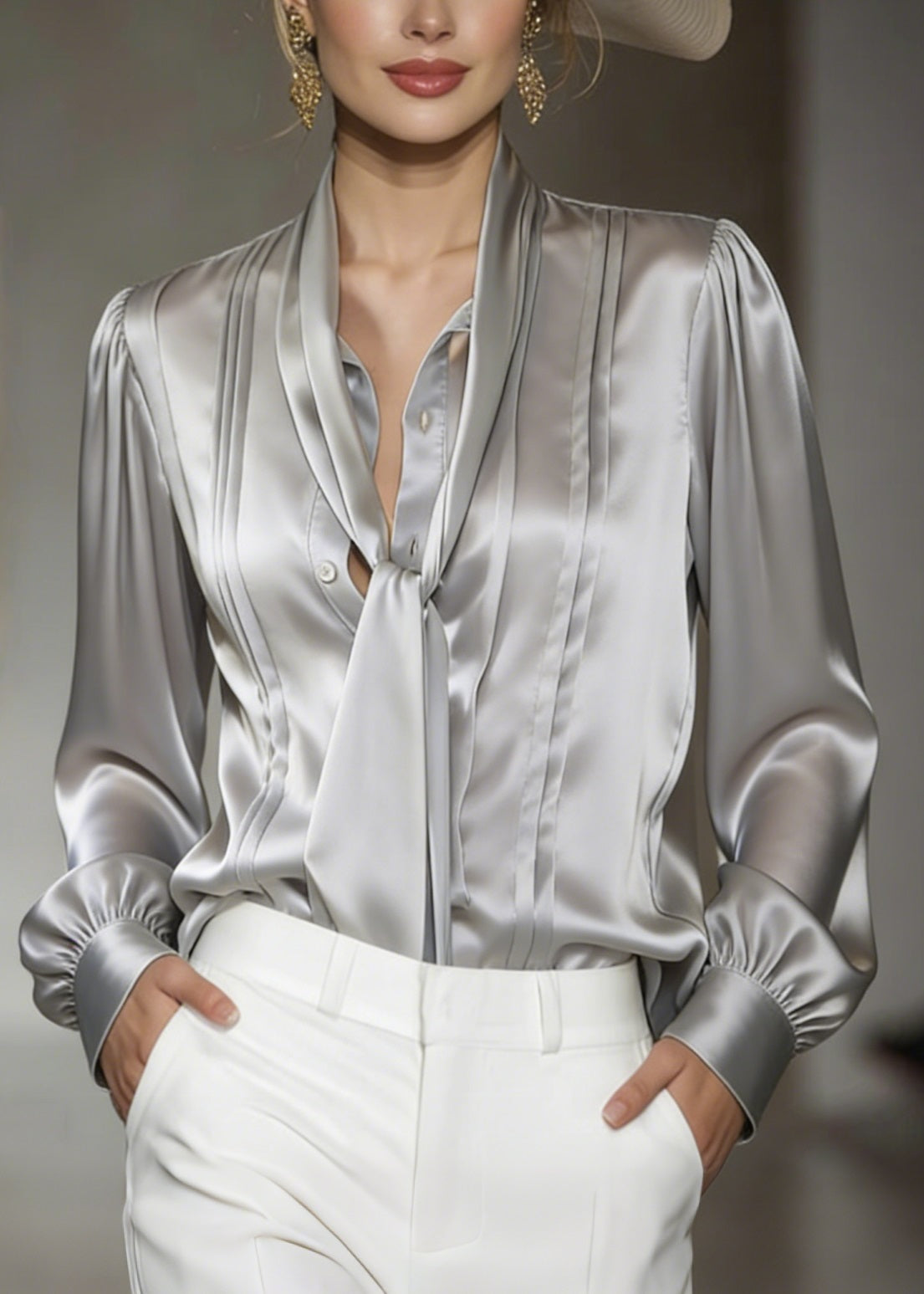 Classy Grey Lace Up Wrinkled Silk Blouses Spring