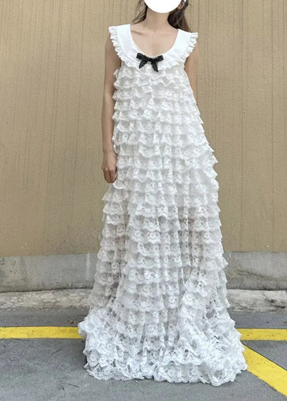 White O-neck Bow Lace Layered Long Dress Spring