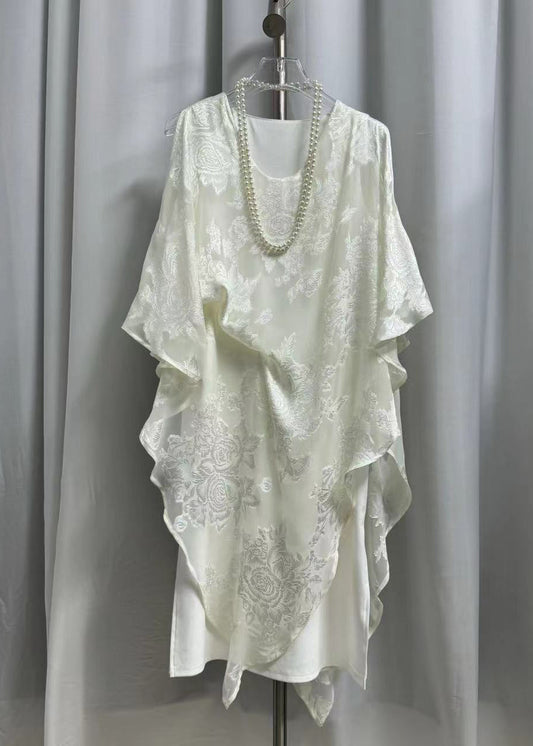 Jacquard Black Wrinkled Chiffon Long Dress Batwing Sleeve Summer