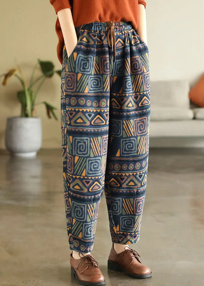 Blue Elastic Waist Pockets Print Cotton Denim Harem Pants Fall