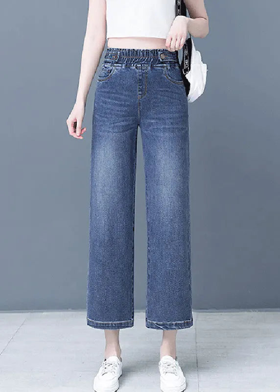 Denim Blue Patchwork Elastic Waist Crop Wide Leg Pants