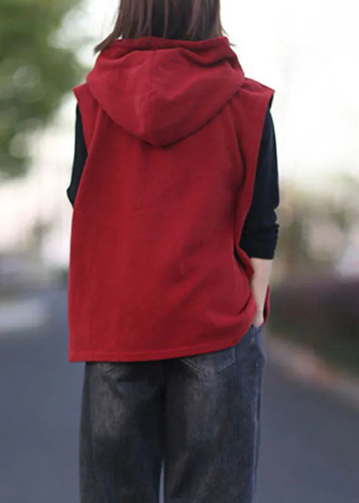 Classy Red Hooded Drawstring Pullover Sleeveless Waistcoat