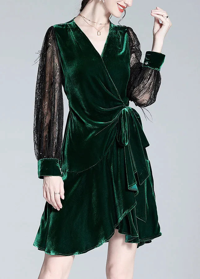 Green V Neck Tulle Patchwork Tie Waist Silk Velour Holiday Mid Dress Spring