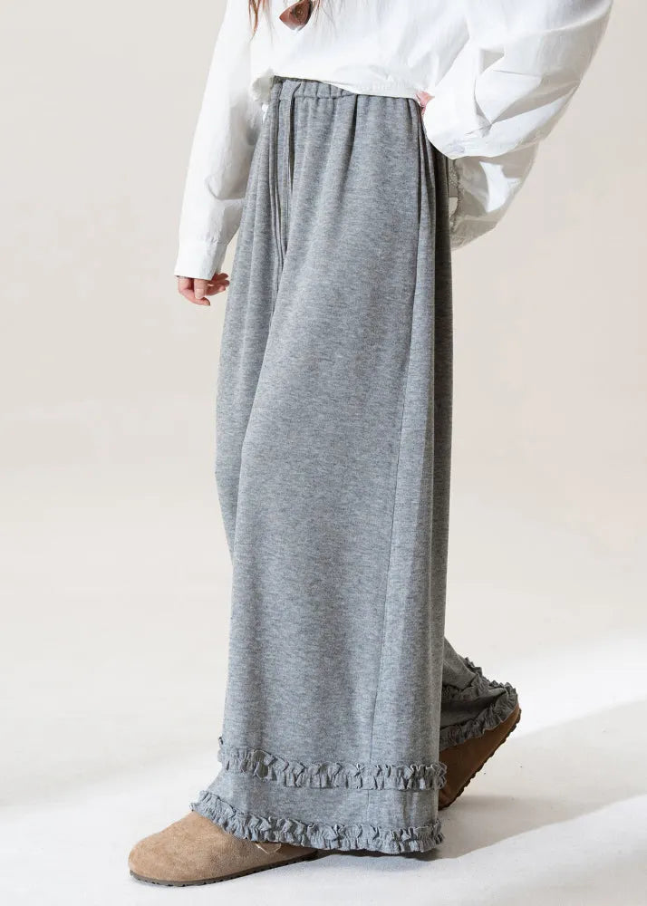 Grey Ruffled Elastic Waist Patchwork Cotton Wide Leg Pants Fall