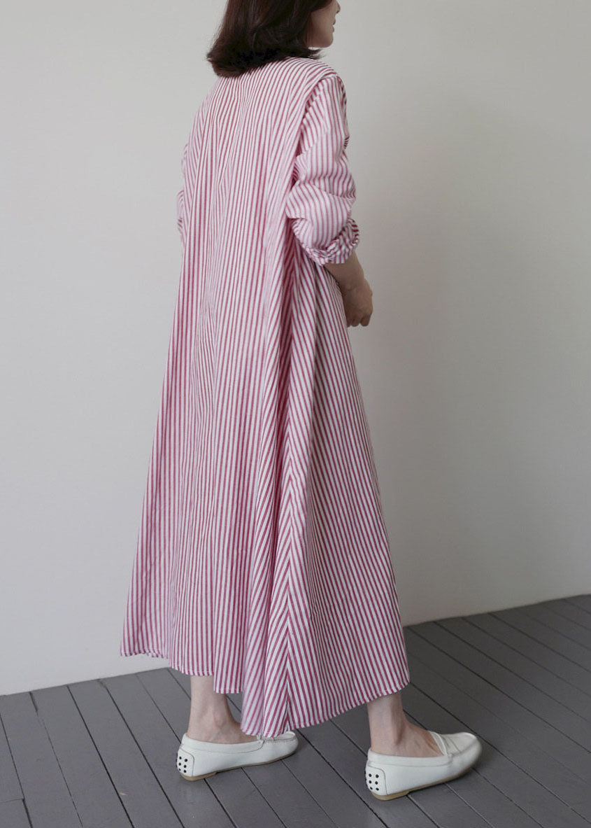 Pink Red Striped Ruffled Patchwork Cotton Shirt Dresses Spring