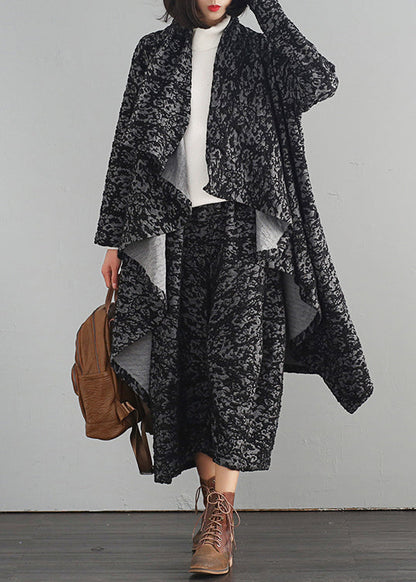 Grey V Neck Asymmetrical Trench Coats and Crop Pants Two Piece Set Fall