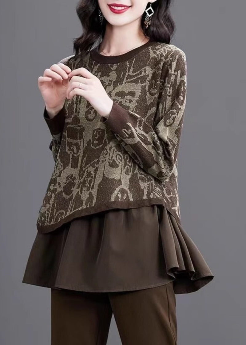 Print Fake Two Pieces Cotton Knit Sweater Winter