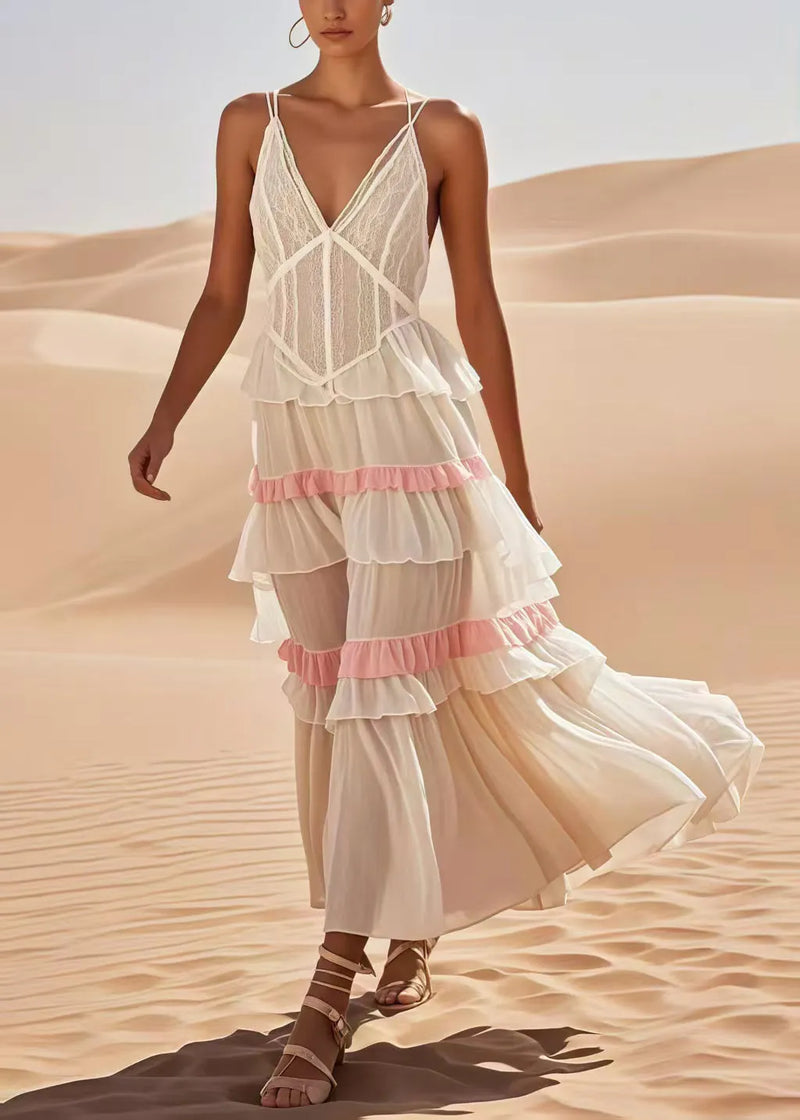 Fitted White Ruffled Patchwork Cotton Spaghetti Strap Dress Summer