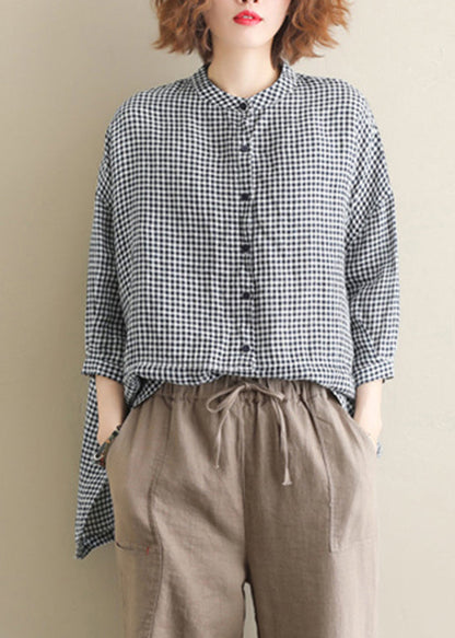 Stand Collar Buttton Low High Design Plaid Shirt Tops Half Sleeve