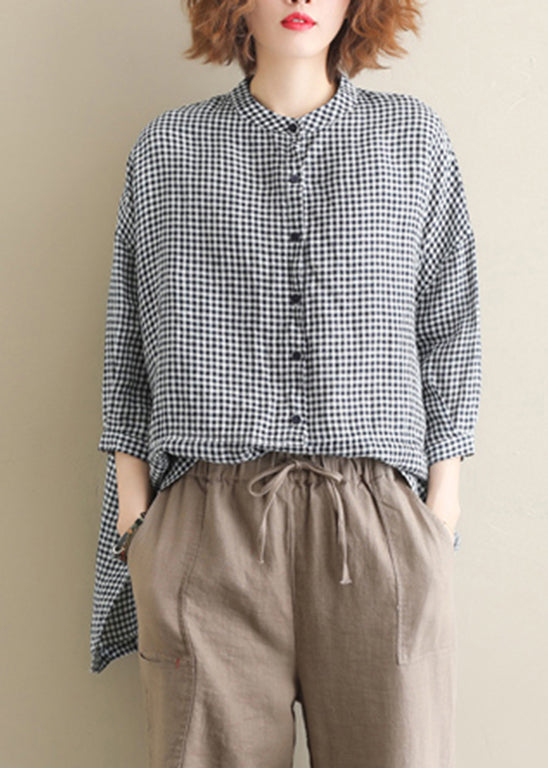 Stand Collar Buttton Low High Design Plaid Shirt Tops Half Sleeve