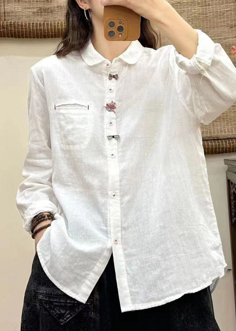 White Peter Pan Collar Button Bow Shirt Long Sleeve