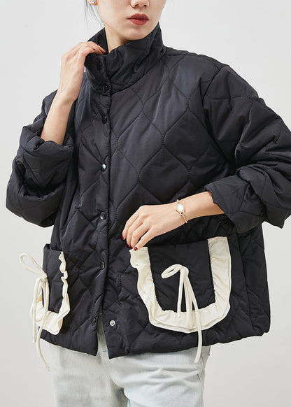 Black Ruffled Patchwork Pockets Fine Cotton Filled Jacket Spring
