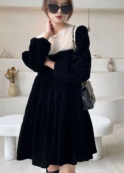 Black O-neck Nail Bead Velour Vacation Dress Spring