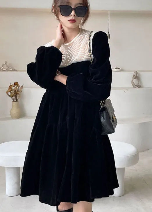 Black O-neck Nail Bead Velour Vacation Dress Spring