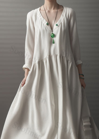 Beige V Neck Wrinkled Patchwork Silk Dress Long Sleeve