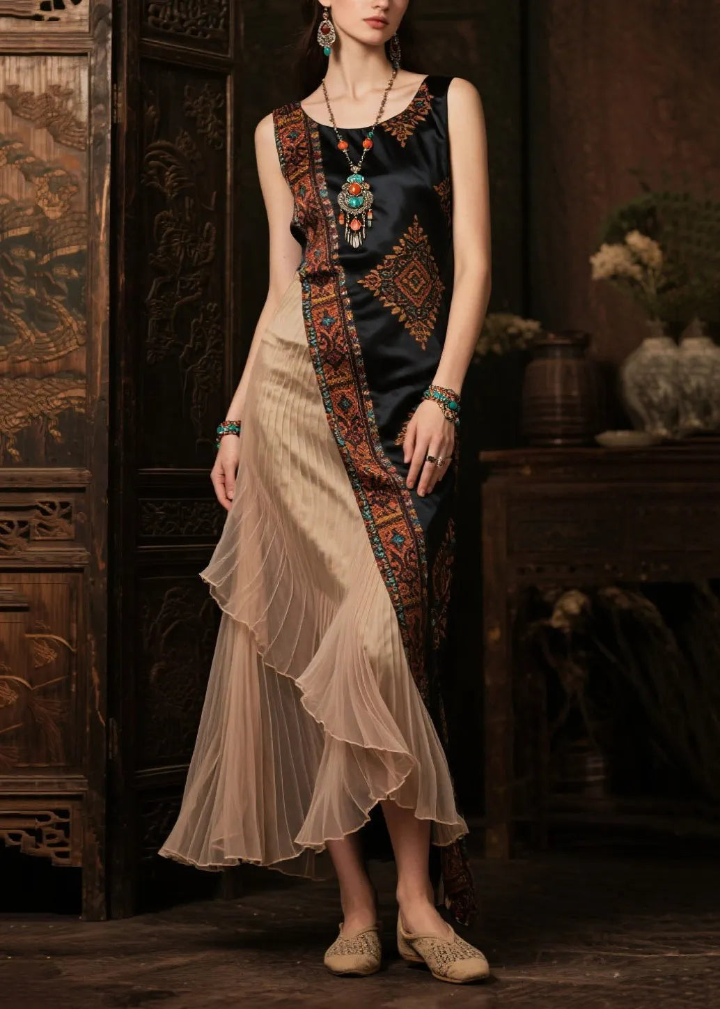 Modern Black Asymmetrical Patchwork Print Silk Robe Dresses Sleeveless