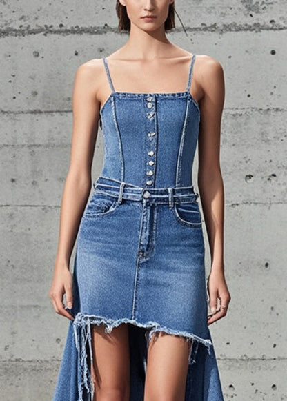 Blue Asymmetrical Tasseled Denim Cami Dress Summer