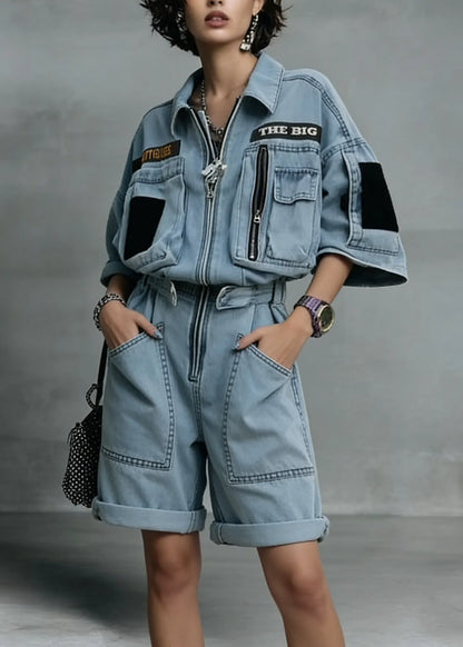 New Blue Zip Up Pockets Patchwork Denim Jumpsuit Summer