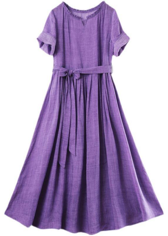 Purple Ruffled Maxi Summer Linen Dress