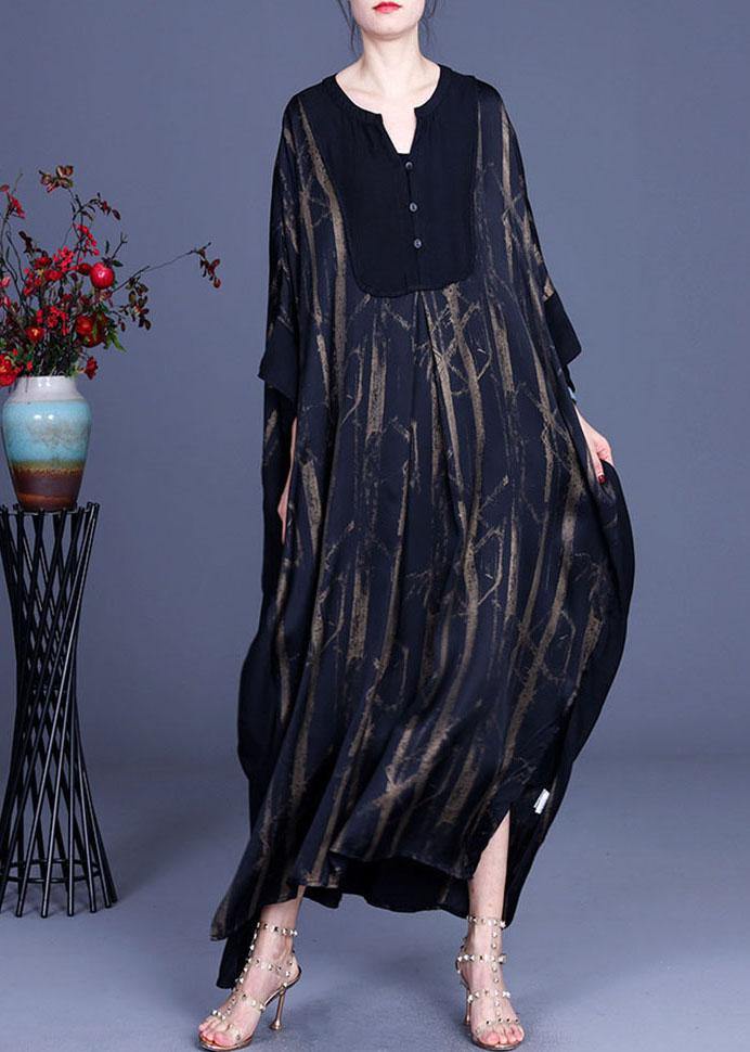 Black V Neck Print Patchwork Silk Summer Dresses Batwing Sleeve