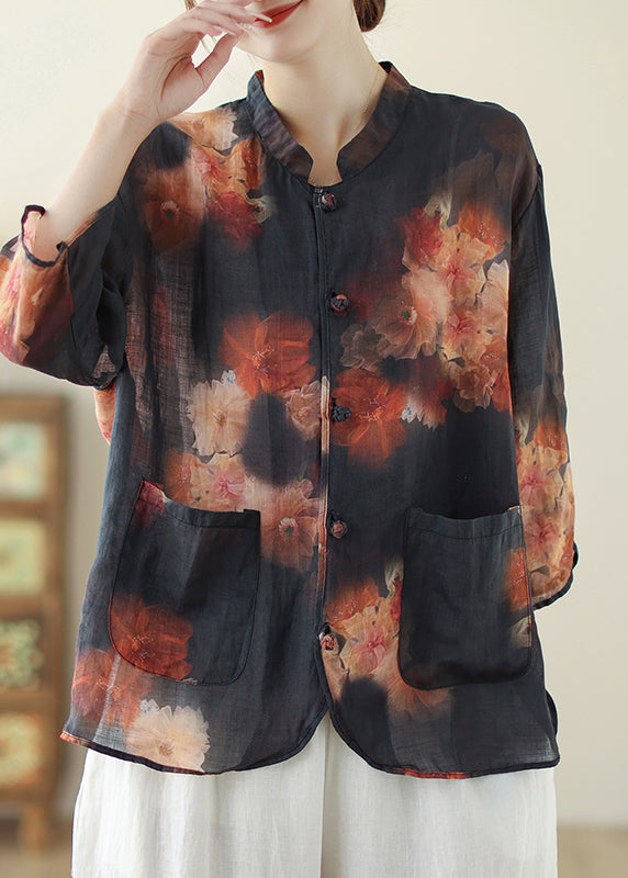 Black Stand Collar Print Top Bracelet Sleeve