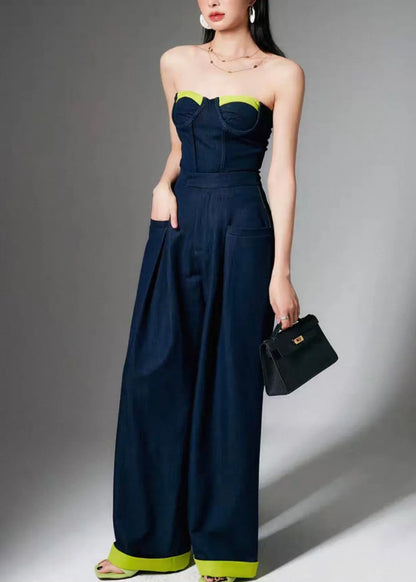 French Navy Zippered Tank and Wide Leg Pants Two Pieces Set Sleeveless
