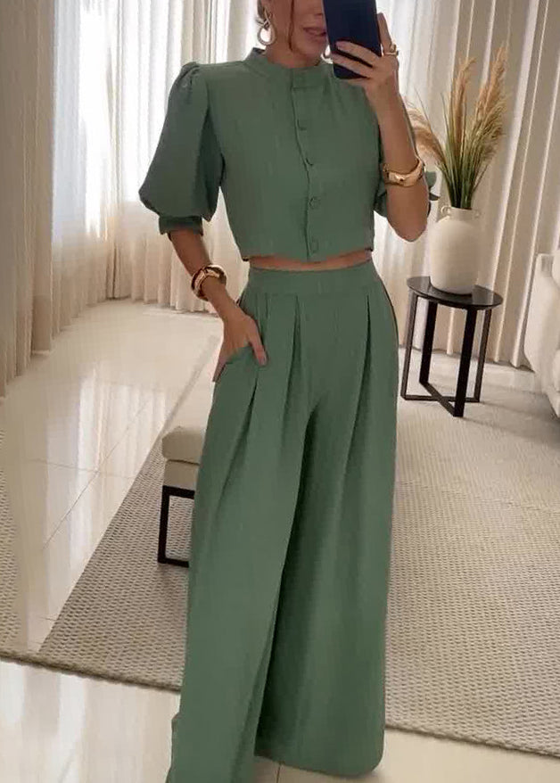 Army Green Button Pockets Cotton Two Piece Set Half Sleeve