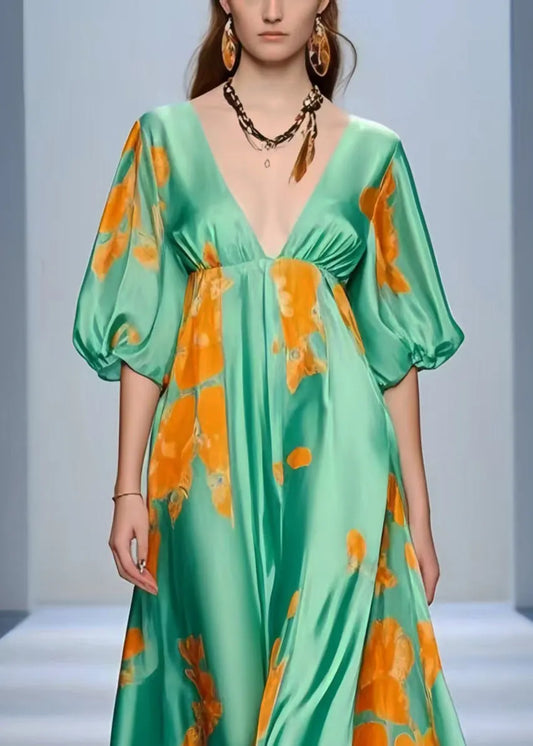Lake Green V Neck Print Silk Holiday Dress Summer