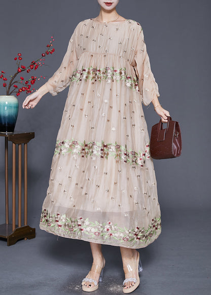 Apricot Embroideried Oversized Silk Maxi Dresses Fall