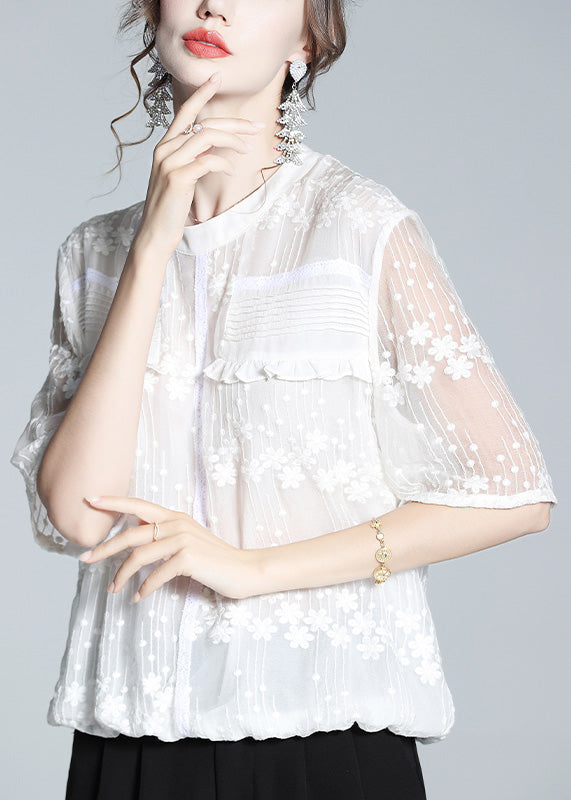 White O-neck Embroideried Ruffled Silk Shirts Short Sleeve