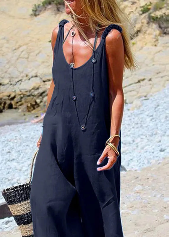 Female Navy Blue Sleeveless Wide Leg Side Button Jumpsuit