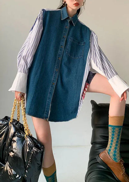 Colorblock Denim Patchwork Striped Print Cotton Shirt Dresses Spring