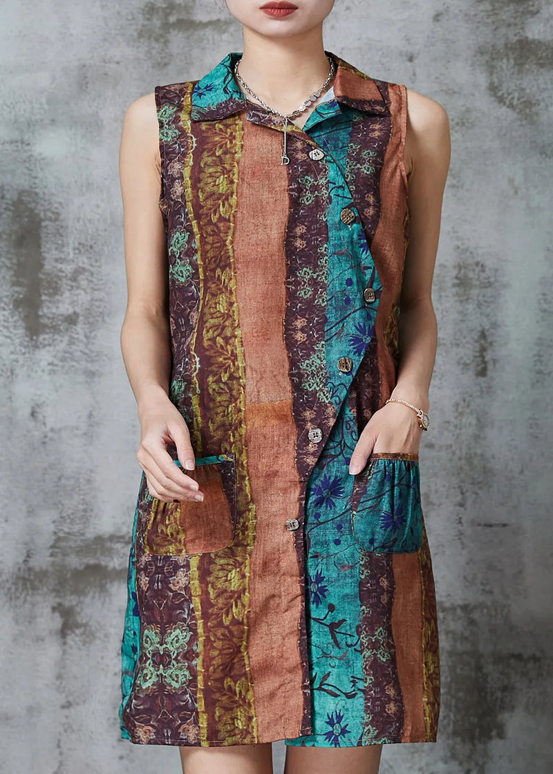Khaki Asymmetrical Print Linen Mini Dresses Sleeveless
