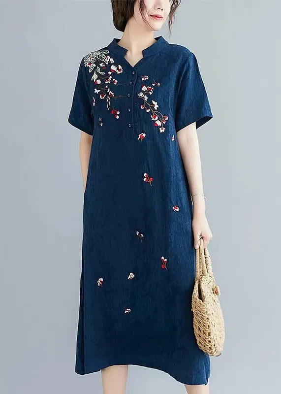 Navy Jacquard Linen Mid Dresses Embroidered Summer